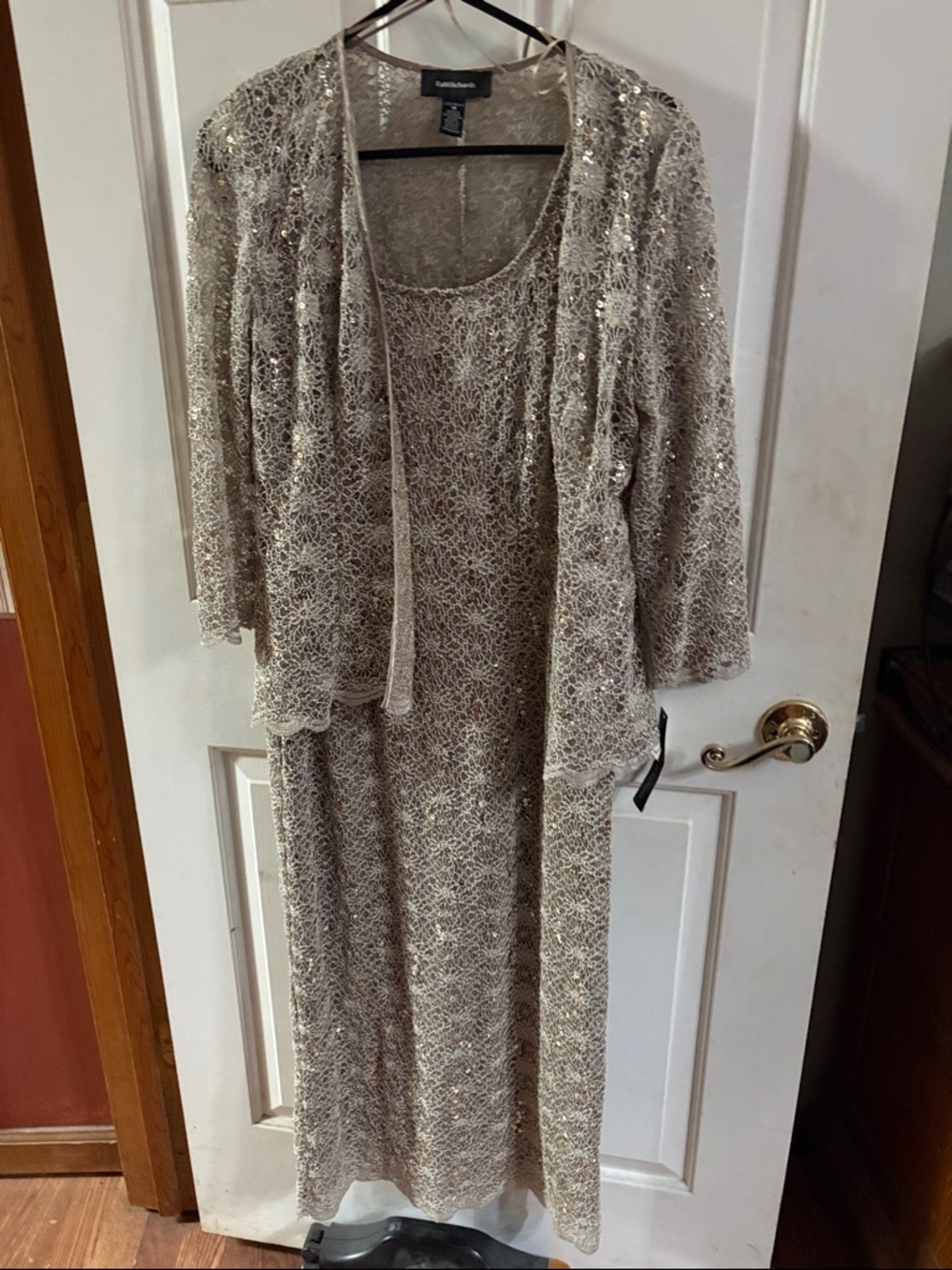 R&M Richards Mocha Sequined Lace Evening Dress with Matching Jacket